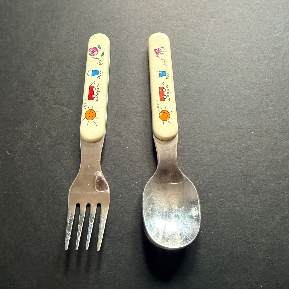 Anacapa Vintage Kids Fork and Spoon Set Stainless Steel‎ Sun Wagon Pail Flower